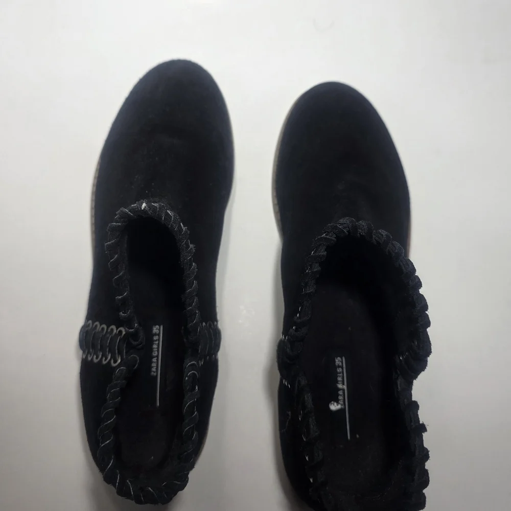 ZARA Kids Black Leather Ankle Boots Size US 4 Girls Slip-On Casual Shoes